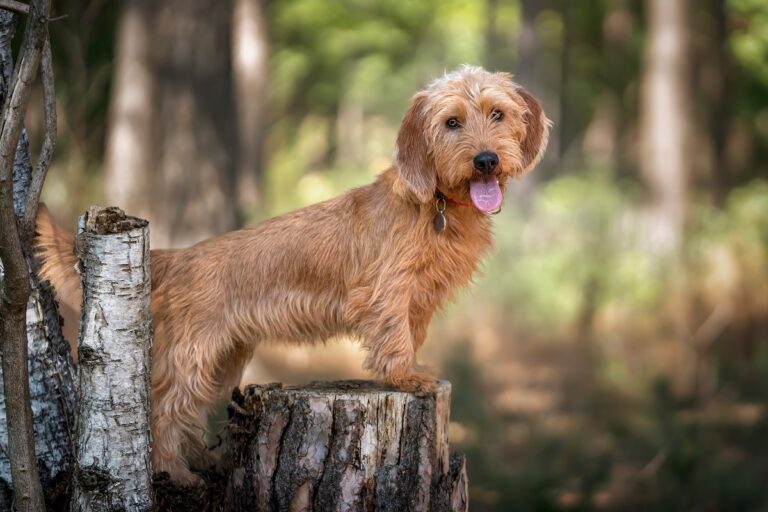 Perro Basset leonado de Bretaña adulto sobre un tronco.
